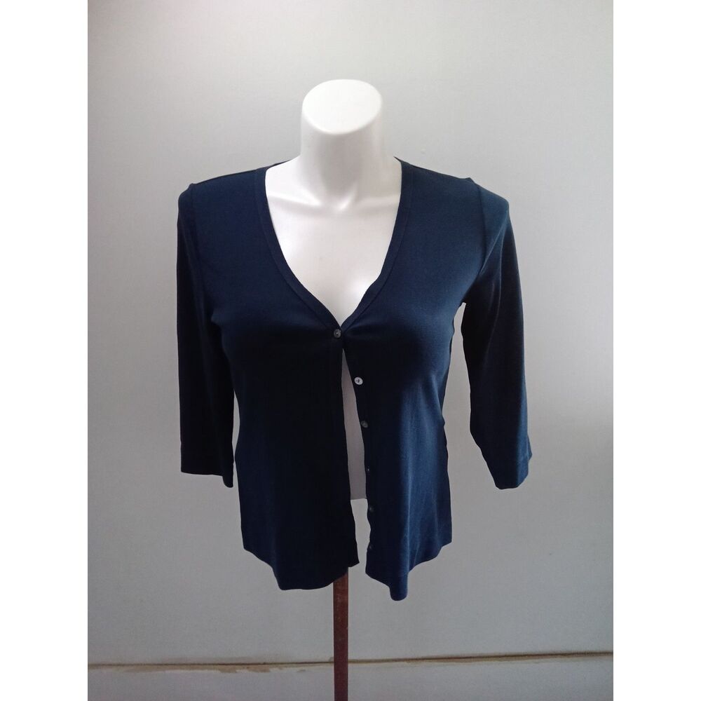 Talbots Petites Navy Button Front Cardigan 3/4 Sleeve Size L